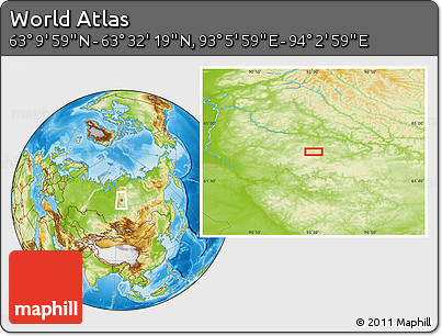 Physical Location Map of the Area around 63° 21' 9" N, 93° 34' 29" E
