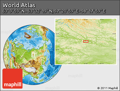 Physical Location Map of the Area around 63° 21' 9" N, 97° 49' 29" E