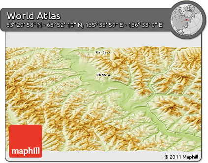 Physical 3D Map of the Area around 63° 41' 4" N, 136° 4' 29" E