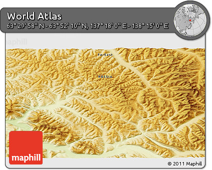 Physical 3D Map of the Area around 63° 41' 4" N, 137° 46' 30" E