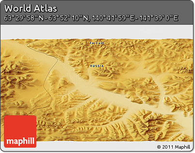 Physical 3D Map of the Area around 63° 41' 4" N, 141° 10' 30" E