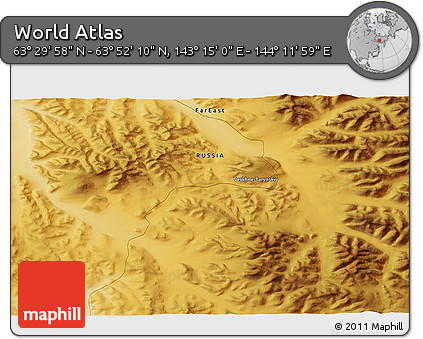 Physical 3D Map of the Area around 63° 41' 4" N, 143° 43' 29" E