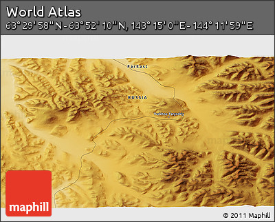 Physical 3D Map of the Area around 63° 41' 4" N, 143° 43' 29" E