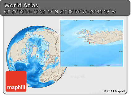Shaded Relief Location Map of the Area around 63° 41' 4" N, 21° 10' 29" W