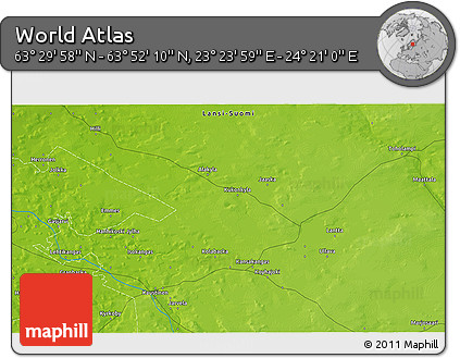 Physical 3D Map of the Area around 63° 41' 4" N, 23° 52' 30" E