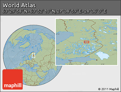 Savanna Style Location Map of the Area around 63° 41' 4" N, 28° 7' 30" E, hill shading