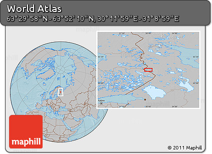Gray Location Map of the Area around 63° 41' 4" N, 30° 40' 29" E, hill shading