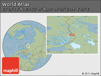 Savanna Style Location Map of the Area around 63° 41' 4" N, 30° 40' 29" E, hill shading