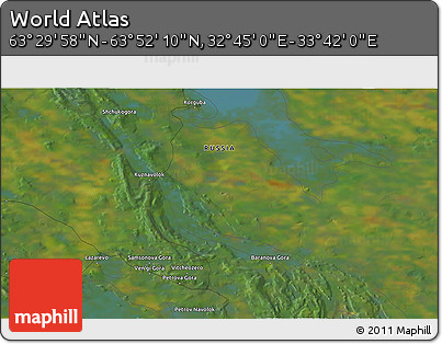 Satellite 3D Map of the Area around 63° 41' 4" N, 33° 13' 30" E