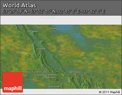 Satellite 3D Map of the Area around 63° 41' 4" N, 33° 13' 30" E