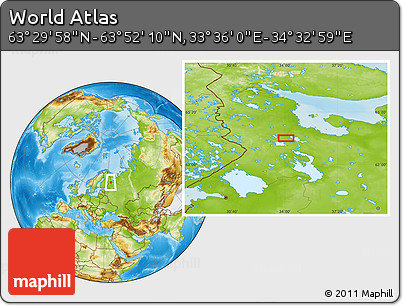 Physical Location Map of the Area around 63° 41' 4" N, 34° 4' 30" E