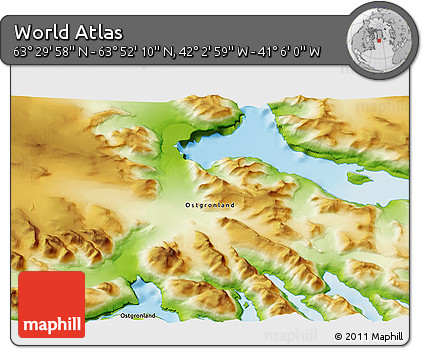 Physical 3D Map of the Area around 63° 41' 4" N, 41° 34' 30" W