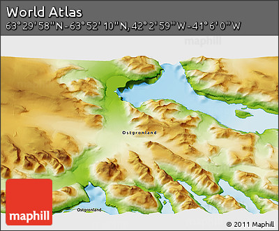 Physical 3D Map of the Area around 63° 41' 4" N, 41° 34' 30" W
