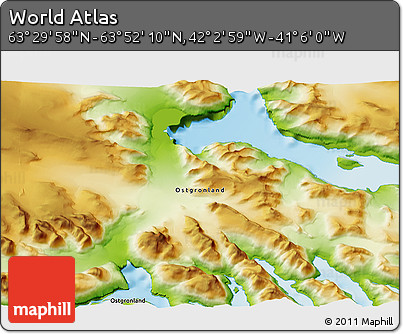 Physical 3D Map of the Area around 63° 41' 4" N, 41° 34' 30" W
