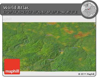 Satellite 3D Map of the Area around 63° 41' 4" N, 44° 16' 29" E