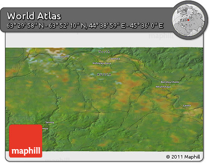 Satellite 3D Map of the Area around 63° 41' 4" N, 45° 7' 30" E
