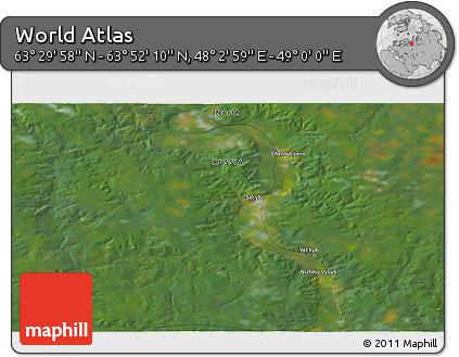Satellite 3D Map of the Area around 63° 41' 4" N, 48° 31' 29" E
