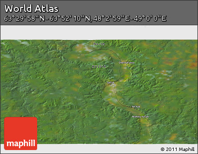 Satellite 3D Map of the Area around 63° 41' 4" N, 48° 31' 29" E