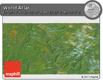 Satellite 3D Map of the Area around 63° 41' 4" N, 49° 22' 30" E