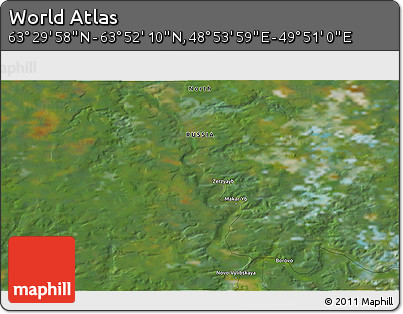 Satellite 3D Map of the Area around 63° 41' 4" N, 49° 22' 30" E