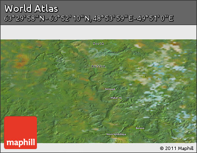 Satellite 3D Map of the Area around 63° 41' 4" N, 49° 22' 30" E