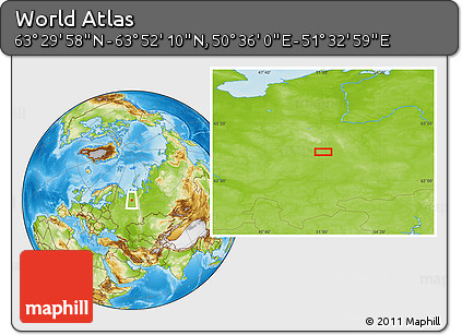 Physical Location Map of the Area around 63° 41' 4" N, 51° 4' 30" E