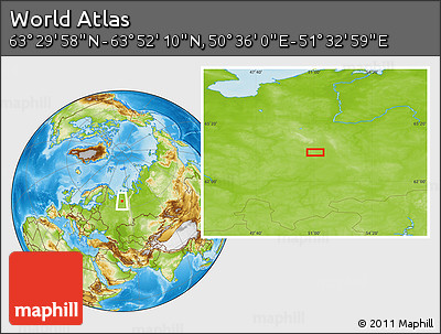 Physical Location Map of the Area around 63° 41' 4" N, 51° 4' 30" E