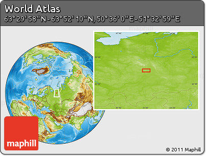 Physical Location Map of the Area around 63° 41' 4" N, 51° 4' 30" E