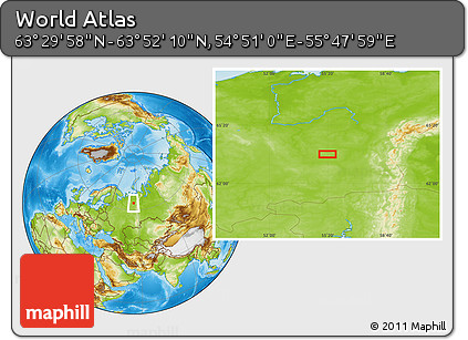 Physical Location Map of the Area around 63° 41' 4" N, 55° 19' 30" E