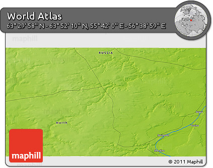 Physical 3D Map of the Area around 63° 41' 4" N, 56° 10' 29" E