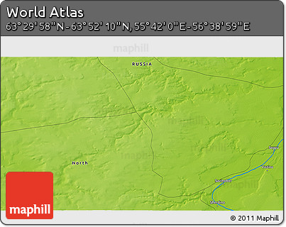 Physical 3D Map of the Area around 63° 41' 4" N, 56° 10' 29" E