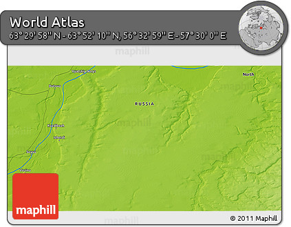 Physical 3D Map of the Area around 63° 41' 4" N, 57° 1' 29" E