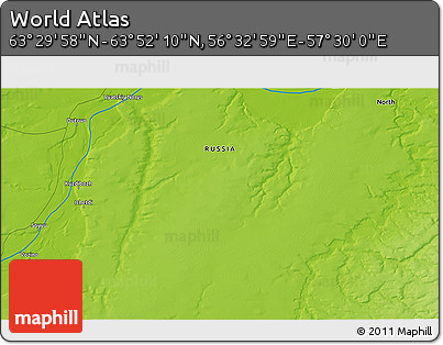Physical 3D Map of the Area around 63° 41' 4" N, 57° 1' 29" E