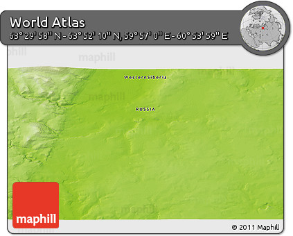 Physical 3D Map of the Area around 63° 41' 4" N, 60° 25' 29" E