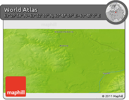 Physical 3D Map of the Area around 63° 41' 4" N, 61° 16' 29" E