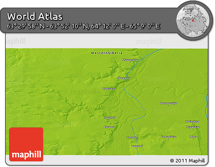 Physical 3D Map of the Area around 63° 41' 4" N, 64° 40' 30" E