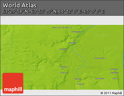Physical 3D Map of the Area around 63° 41' 4" N, 64° 40' 30" E