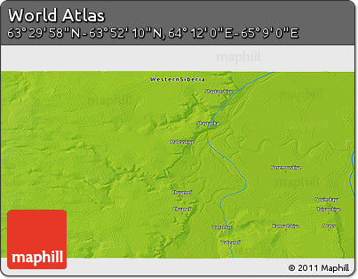 Physical 3D Map of the Area around 63° 41' 4" N, 64° 40' 30" E