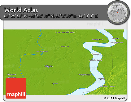 Physical 3D Map of the Area around 63° 41' 4" N, 65° 31' 30" E