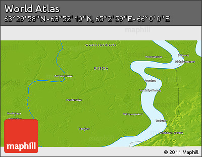 Physical 3D Map of the Area around 63° 41' 4" N, 65° 31' 30" E