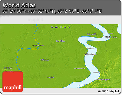 Physical 3D Map of the Area around 63° 41' 4" N, 65° 31' 30" E