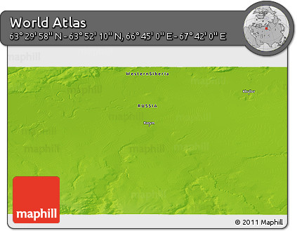 Physical 3D Map of the Area around 63° 41' 4" N, 67° 13' 29" E