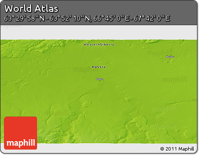 Physical 3D Map of the Area around 63° 41' 4" N, 67° 13' 29" E