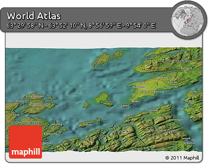 Satellite 3D Map of the Area around 63° 41' 4" N, 9° 25' 30" E