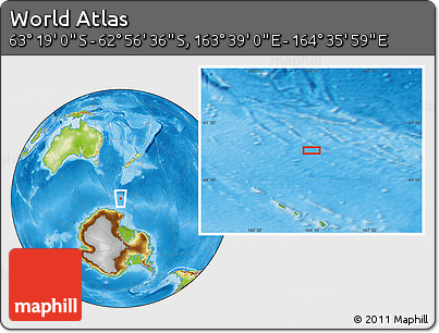 Physical Location Map of the Area around 63° 7' 48" S, 164° 7' 30" E