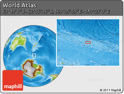 Physical Location Map of the Area around 63° 7' 48" S, 170° 4' 29" E