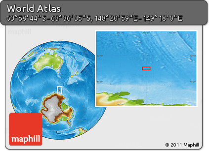 Physical Location Map of the Area around 63° 47' 40" S, 148° 49' 29" E