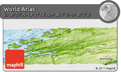 Physical Panoramic Map of the Area around 64° 0' 52" N, 10° 16' 30" E