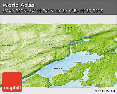Physical 3D Map of the Area around 64° 0' 52" N, 11° 7' 30" E