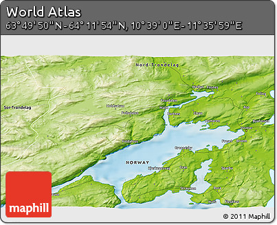Physical 3D Map of the Area around 64° 0' 52" N, 11° 7' 30" E